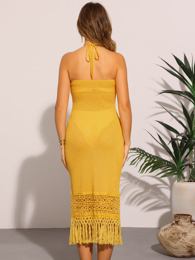 Halter Neck Sleeveless See Through Crochet Beach Dress