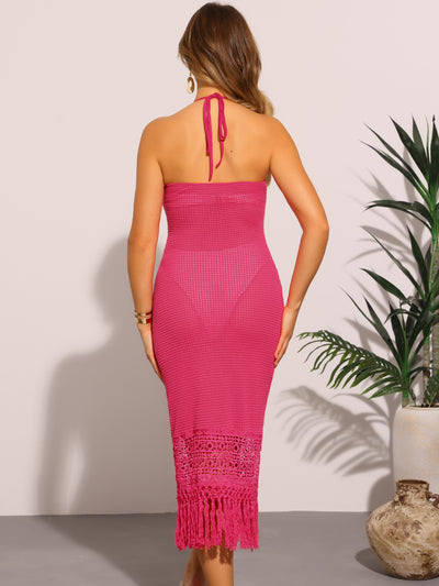 Halter Neck Sleeveless See Through Crochet Beach Dress