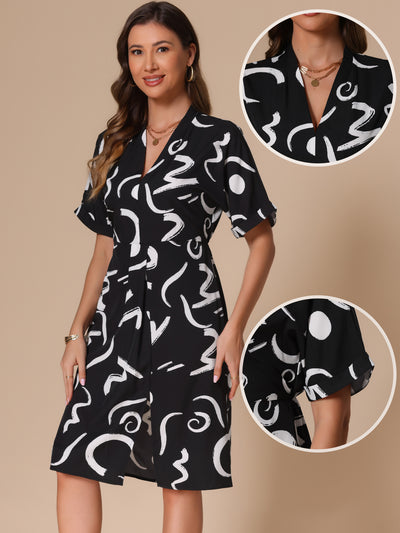 Short Sleeve V Neck High Waist Graphic Midi Slit Dress