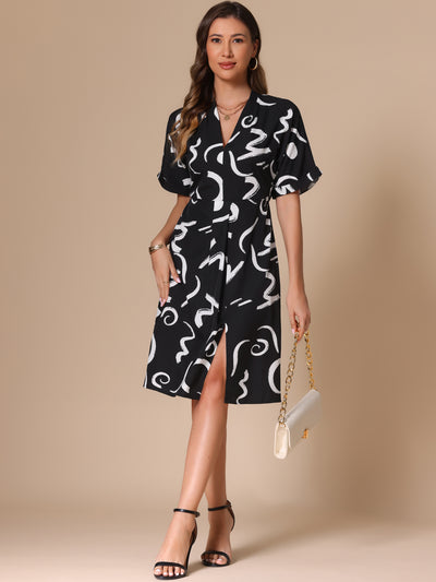 Short Sleeve V Neck High Waist Graphic Midi Slit Dress