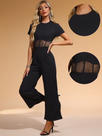 One Piece Outfits for Women's Casual Crewneck Mesh Sheer Wide Leg Jumpsuit