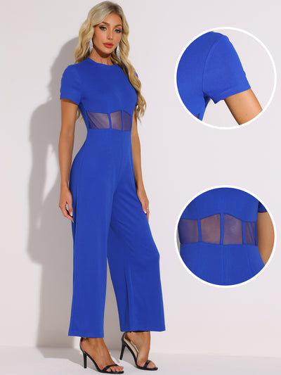 One Piece Outfits for Women's Casual Crewneck Mesh Sheer Wide Leg Jumpsuit