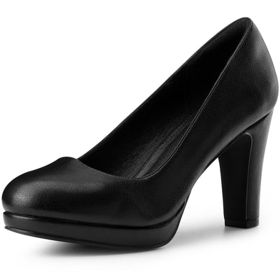 Allegra K Faux Leather Round Toe Platform Chunky Heel Pumps