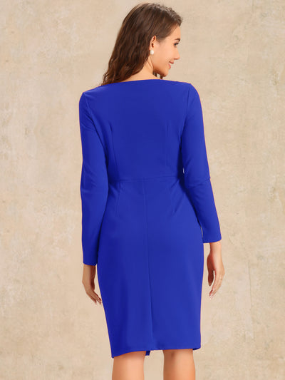 Boat Neck Long Sleeves Ruched Slit Sheath Midi Dress