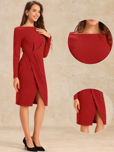 Boat Neck Long Sleeves Ruched Slit Sheath Midi Dress