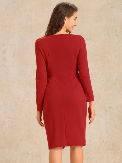 Boat Neck Long Sleeves Ruched Slit Sheath Midi Dress