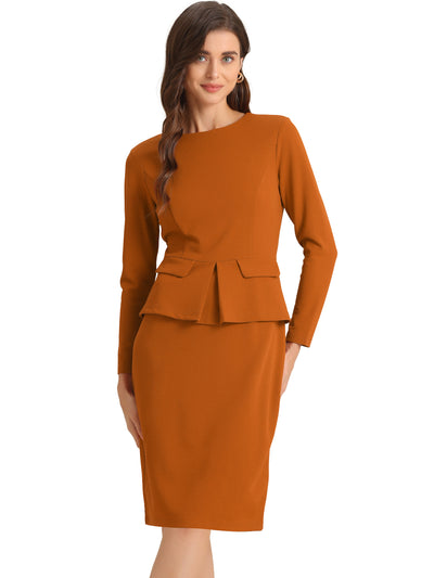 Bodycon Pencil Round Neck Bracelet Sleeve Peplum Office Sheath Dress