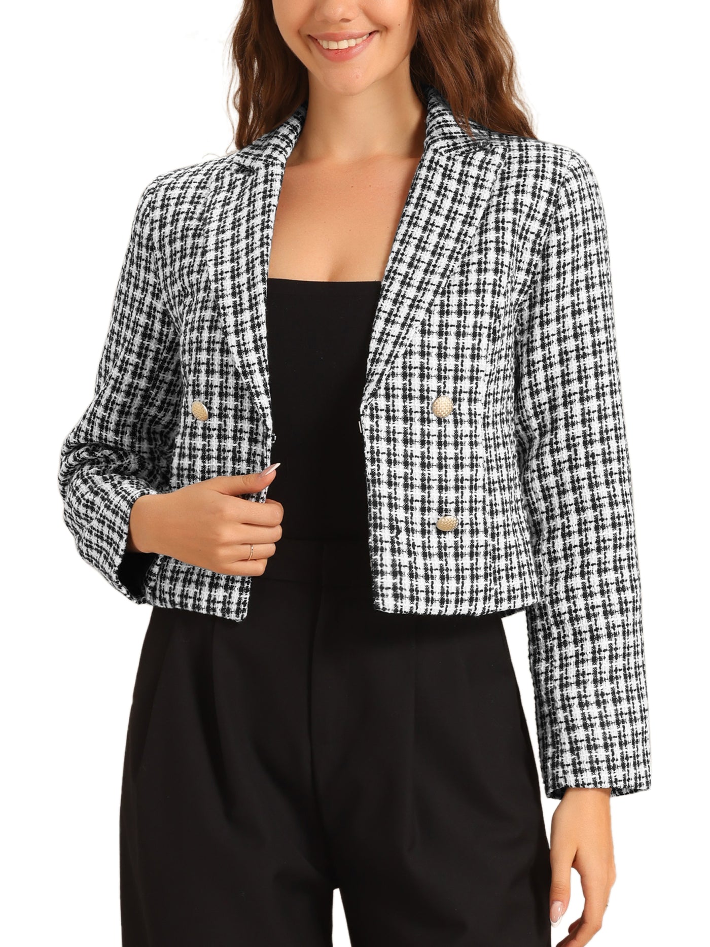 Allegra K Notched Lapel Buttons Long Sleeve Textured Cropped Jacket