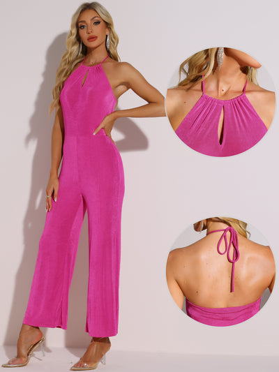 Halter Neck Jumpsuit for Women's Party Sleeveless High Waist Wide Legs Rompers