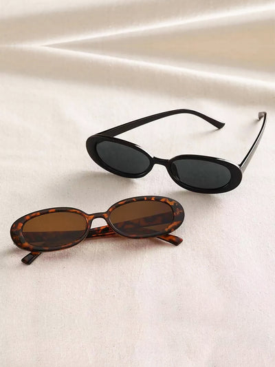 2 Packs Small Oval Frame Black & Leopard Sunglasses Set