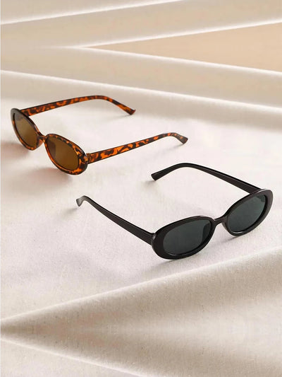 2 Packs Small Oval Frame Black & Leopard Sunglasses Set