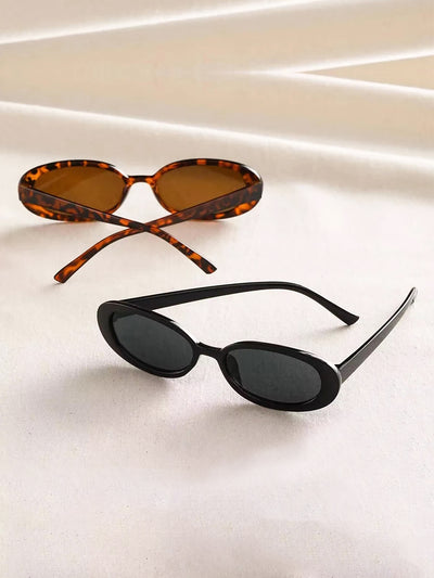 2 Packs Small Oval Frame Black & Leopard Sunglasses Set