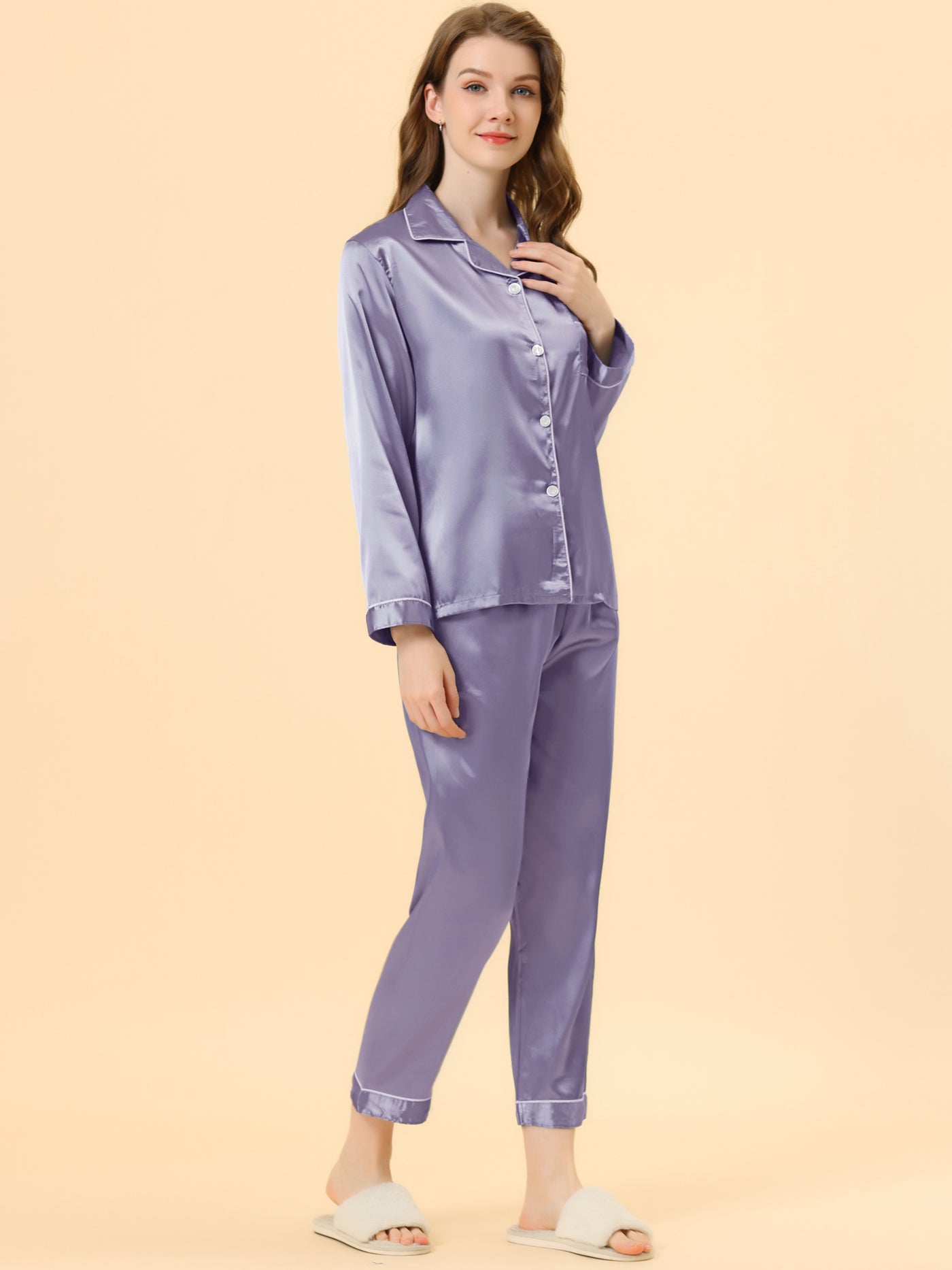 Allegra K Satin Sleepwear Button Down Shirt Pants Lounge Pajama Set