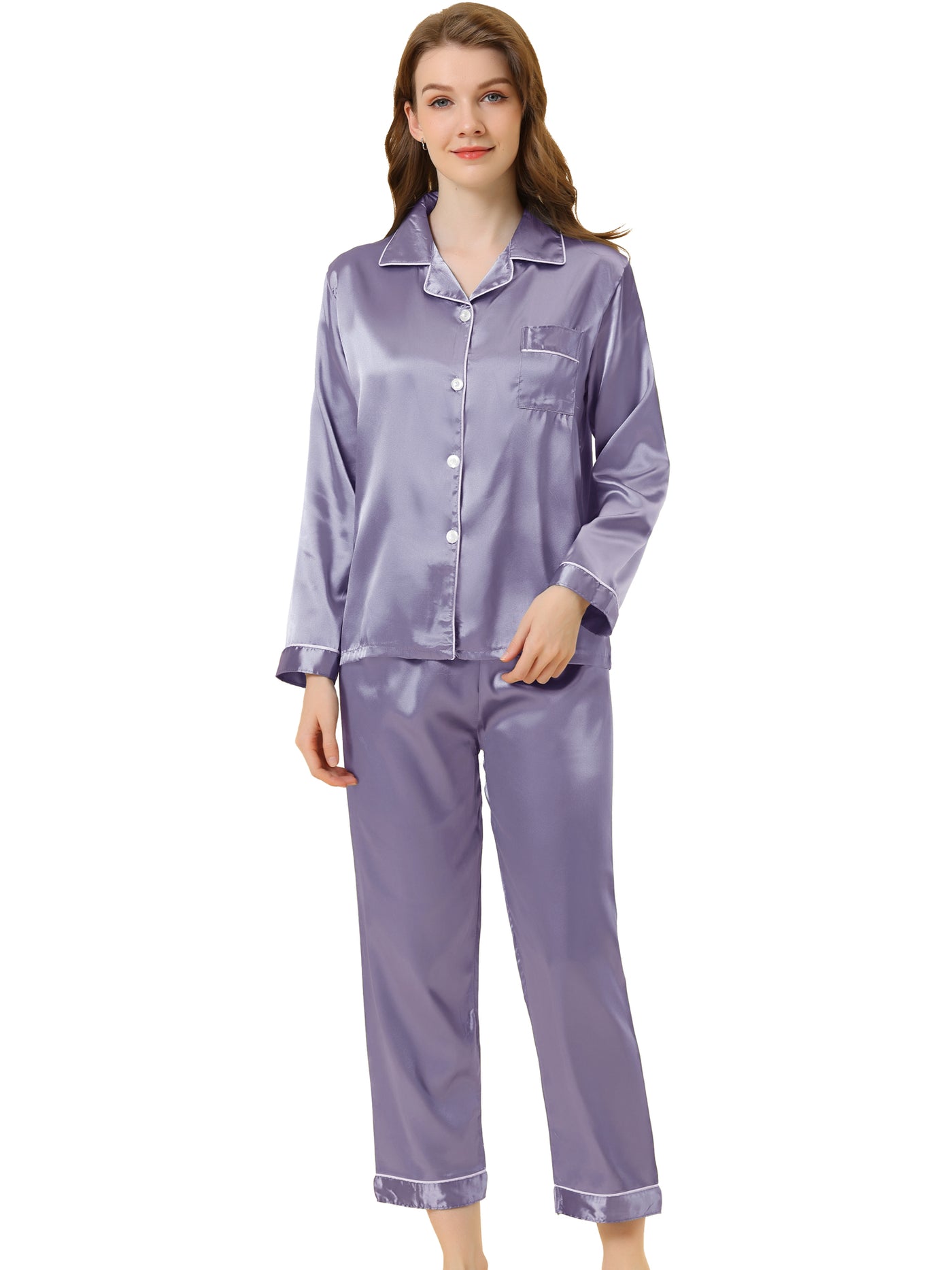 Allegra K Satin Sleepwear Button Down Shirt Pants Lounge Pajama Set