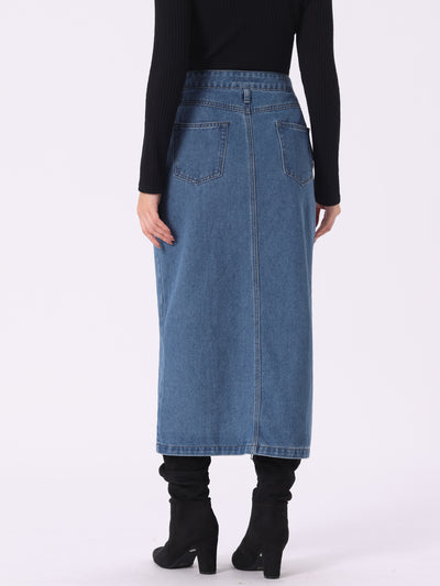 Pocketed Denim Zipper Front Split Maxi Jean Skirt