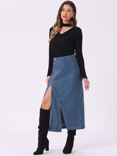 Pocketed Denim Zipper Front Split Maxi Jean Skirt