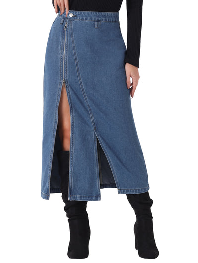 Pocketed Denim Zipper Front Split Maxi Jean Skirt