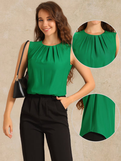 Pleated Crew Neck Sleeveless Solid Color Tops