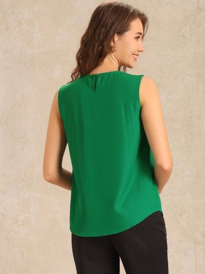 Pleated Crew Neck Sleeveless Solid Color Tops