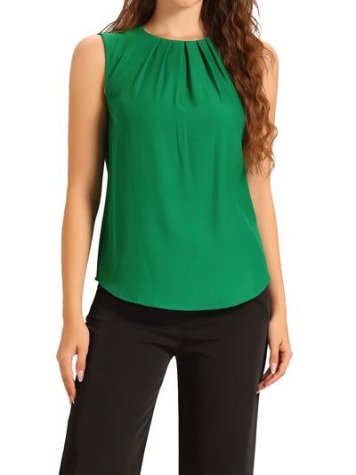 Pleated Crew Neck Sleeveless Solid Color Tops