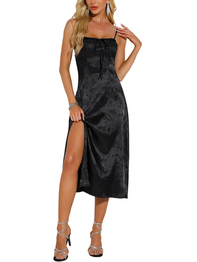 Spaghetti Strap Satin Square Neck Lace-Up Slit Midi Dress