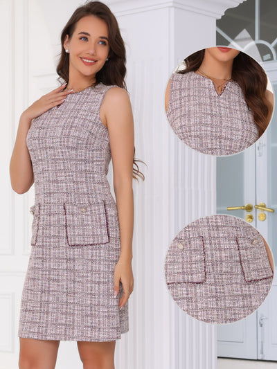 Tweed Plaid Sleeveless Pockets Zipper Work Dress