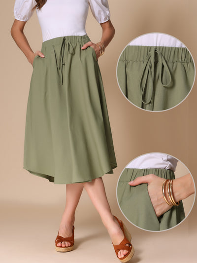 Elastic Waist Solid Color Pockted A-Line Midi Skirt