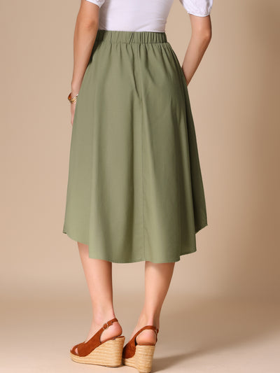 Elastic Waist Solid Color Pockted A-Line Midi Skirt