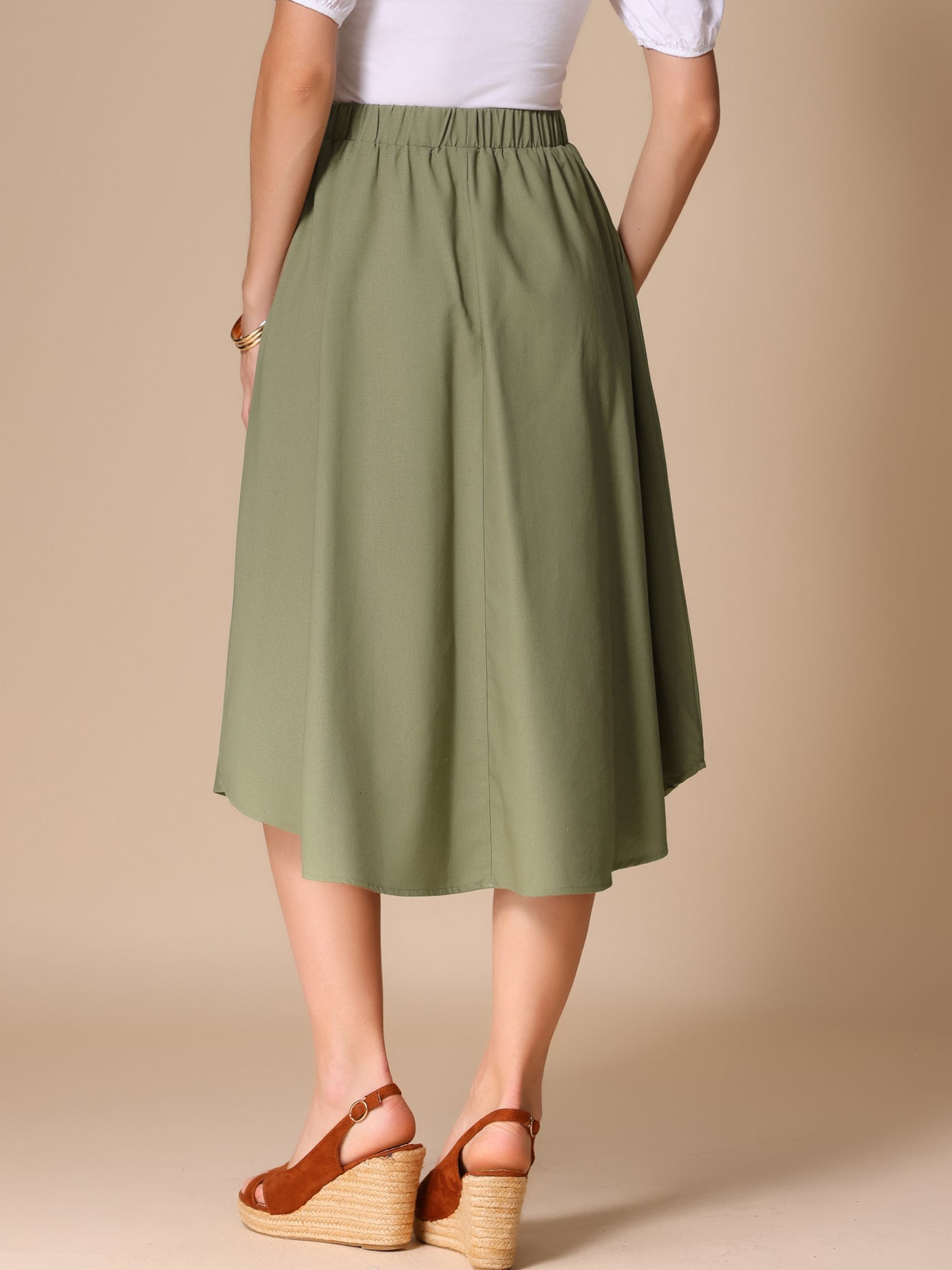 Allegra K Elastic Waist Solid Color Pockted A-Line Midi Skirt