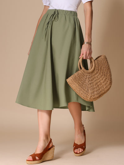 Elastic Waist Solid Color Pockted A-Line Midi Skirt