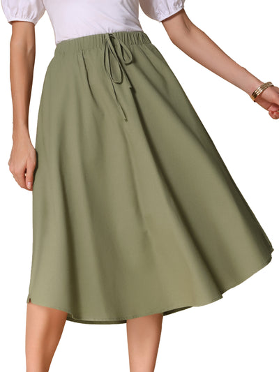 Elastic Waist Solid Color Pockted A-Line Midi Skirt