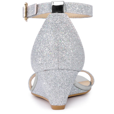 Women's Glitter Open Toe Ankle Strap Wedge Heel Sandals