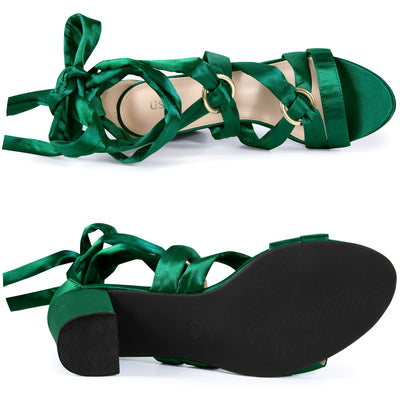 Women's Satin Round Toe Lace-Up Block Heel Sandals