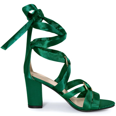 Women's Satin Round Toe Lace-Up Block Heel Sandals