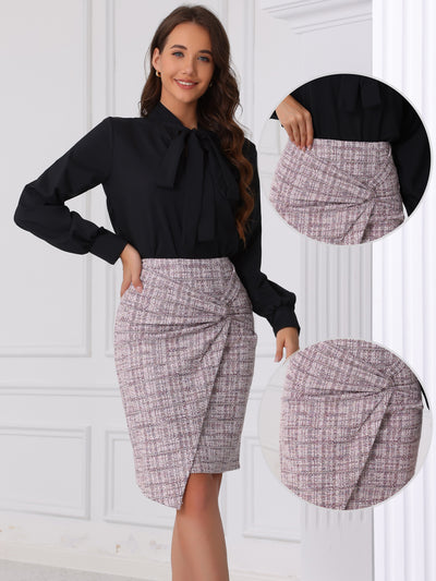 Tweed Plaid Twisted Ruched Pencil Midi Skirt