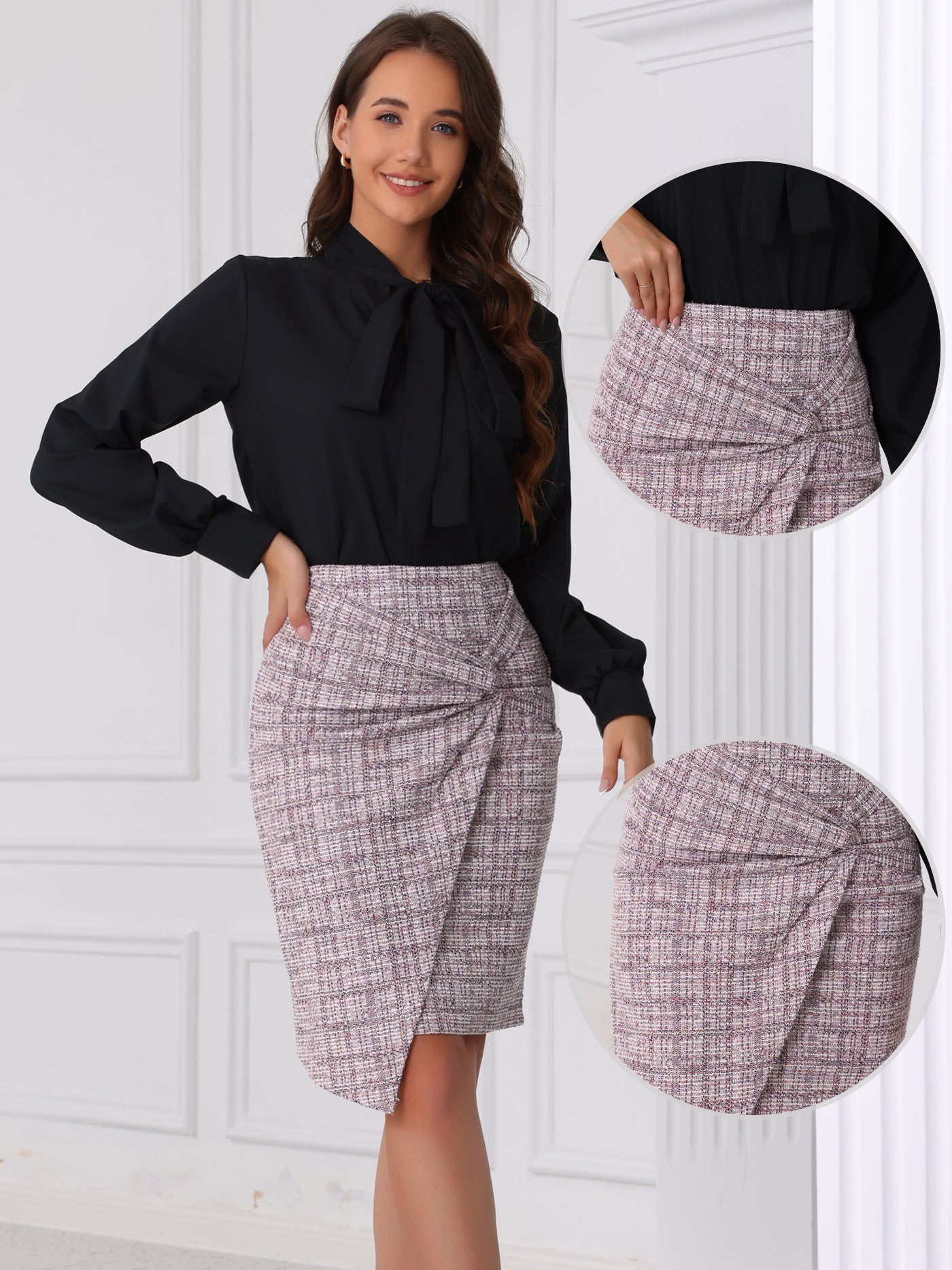 Allegra K Tweed Plaid Twisted Ruched Pencil Midi Skirt