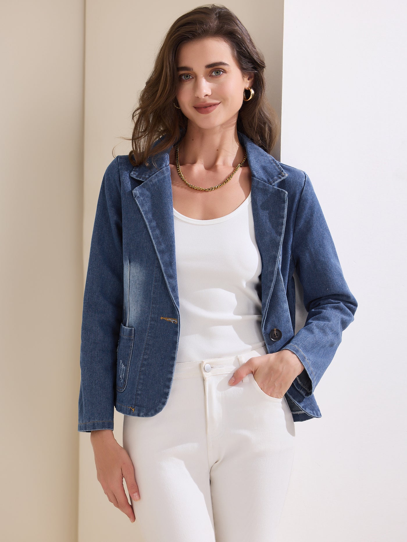 Allegra K Denim Casaul Notched Lapel Washed Jean Jackets Blazer