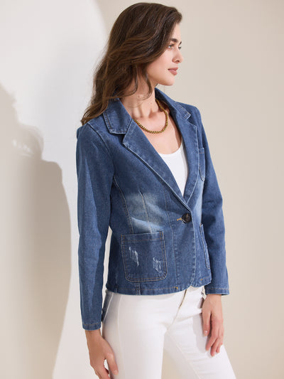 Denim Casaul Notched Lapel Washed Jean Jackets Blazer