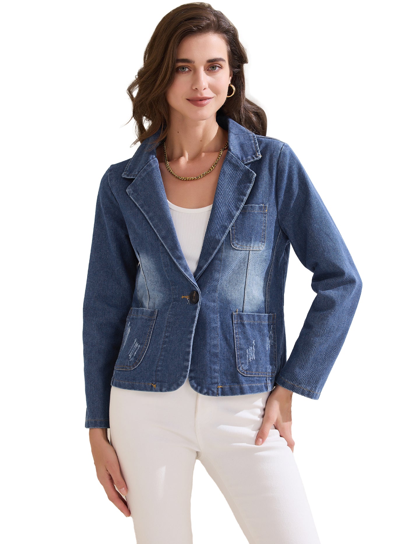 Allegra K Denim Casaul Notched Lapel Washed Jean Jackets Blazer