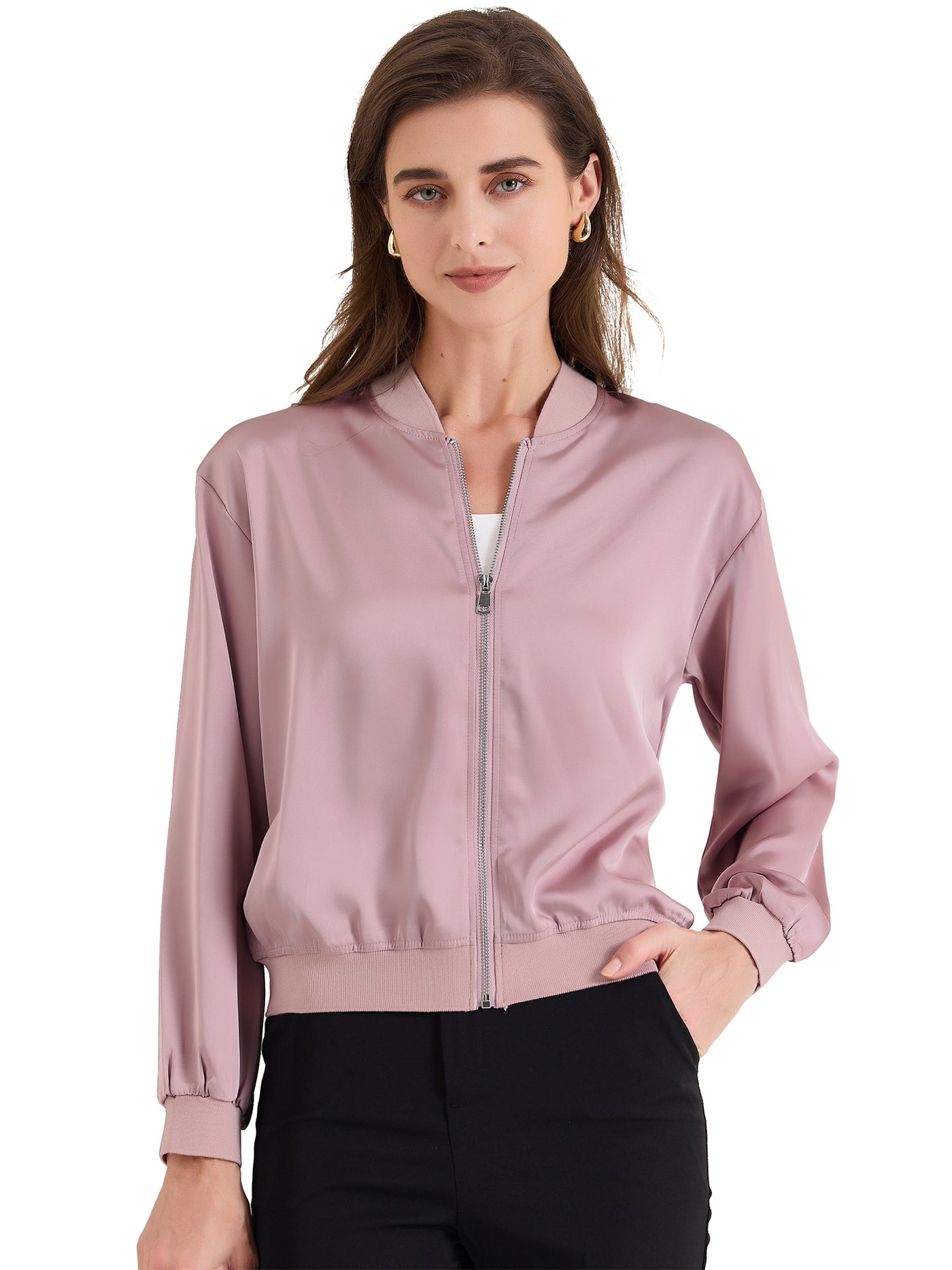 Allegra K Zip Up Long Sleeve Lightweight Casual Bomber Jacket