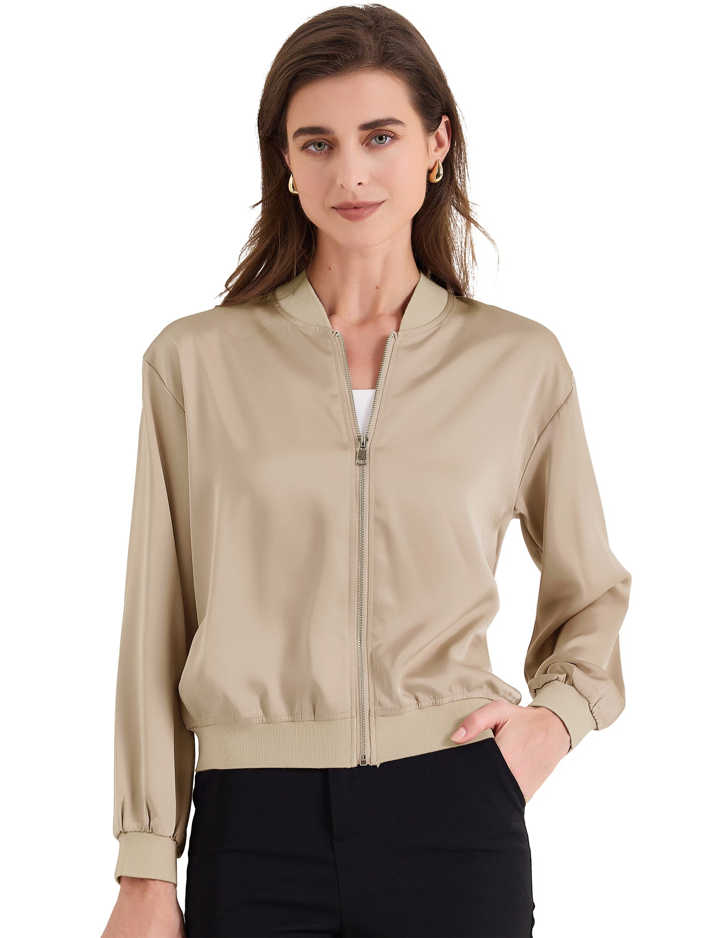 Allegra K Zip Up Long Sleeve Lightweight Casual Bomber Jacket