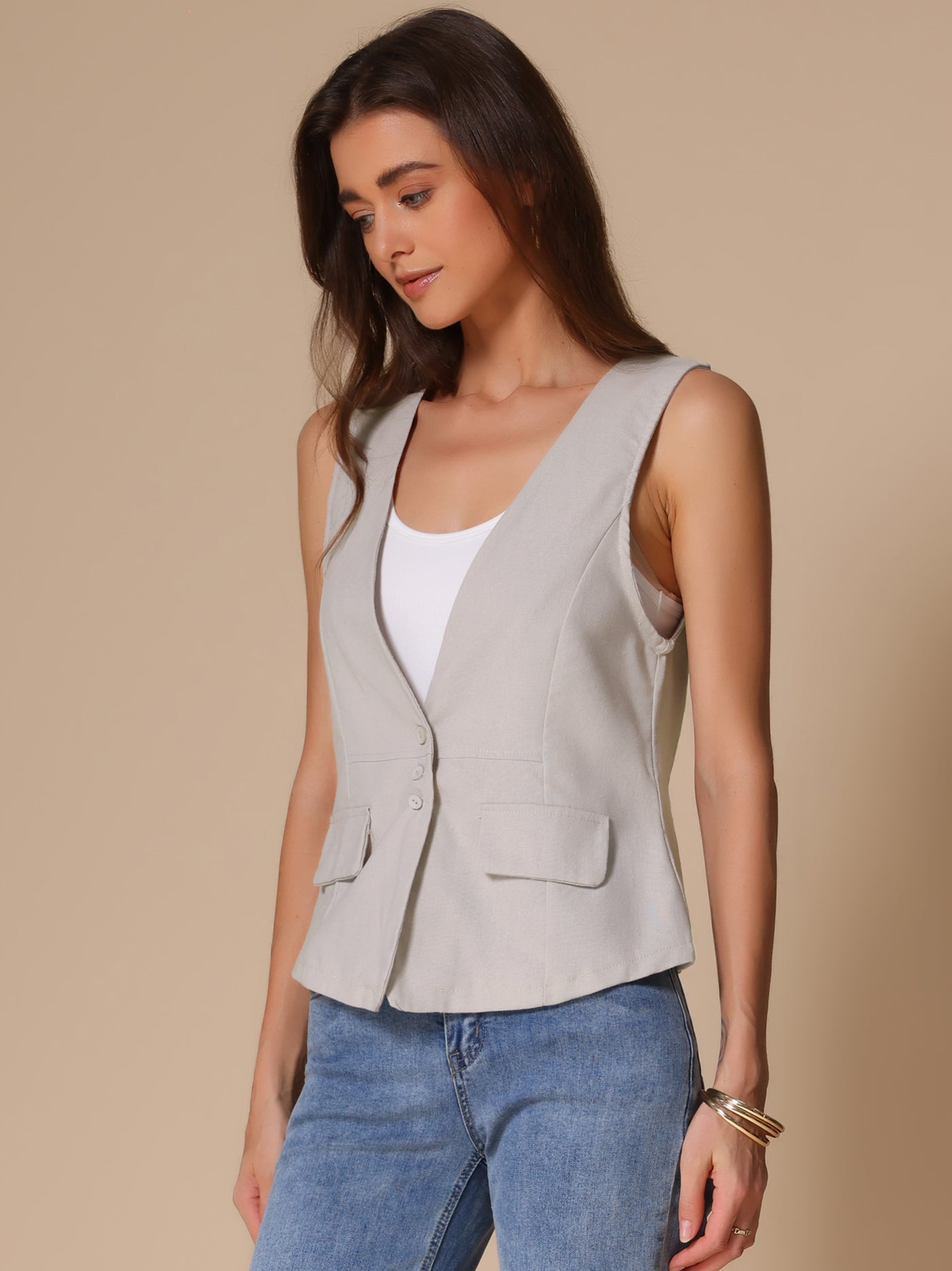 Allegra K Sleeveless Lightweight Waistcoat Linen Vest