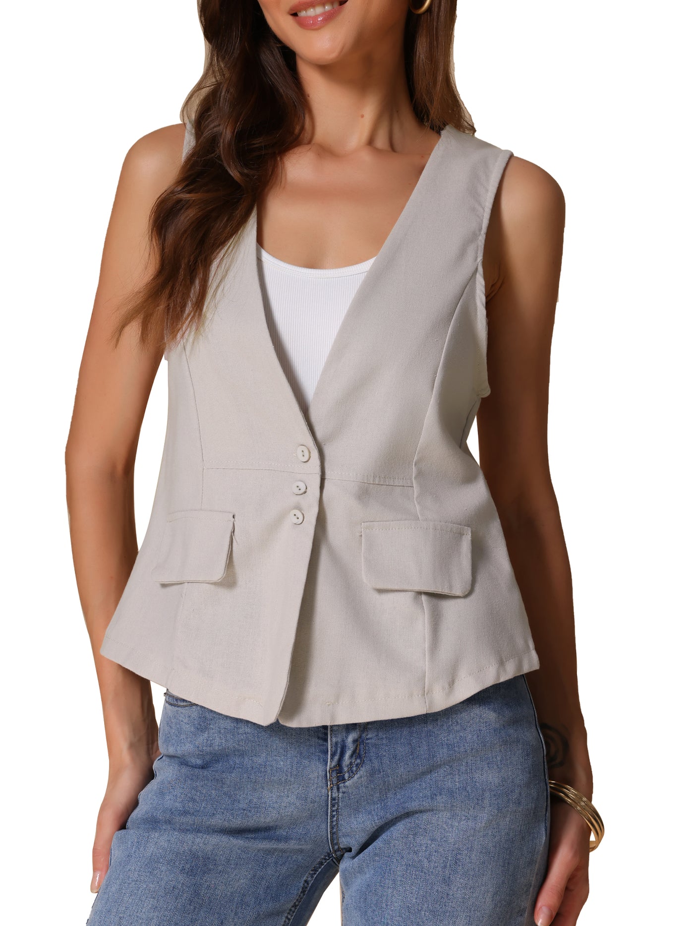 Allegra K Sleeveless Lightweight Waistcoat Linen Vest