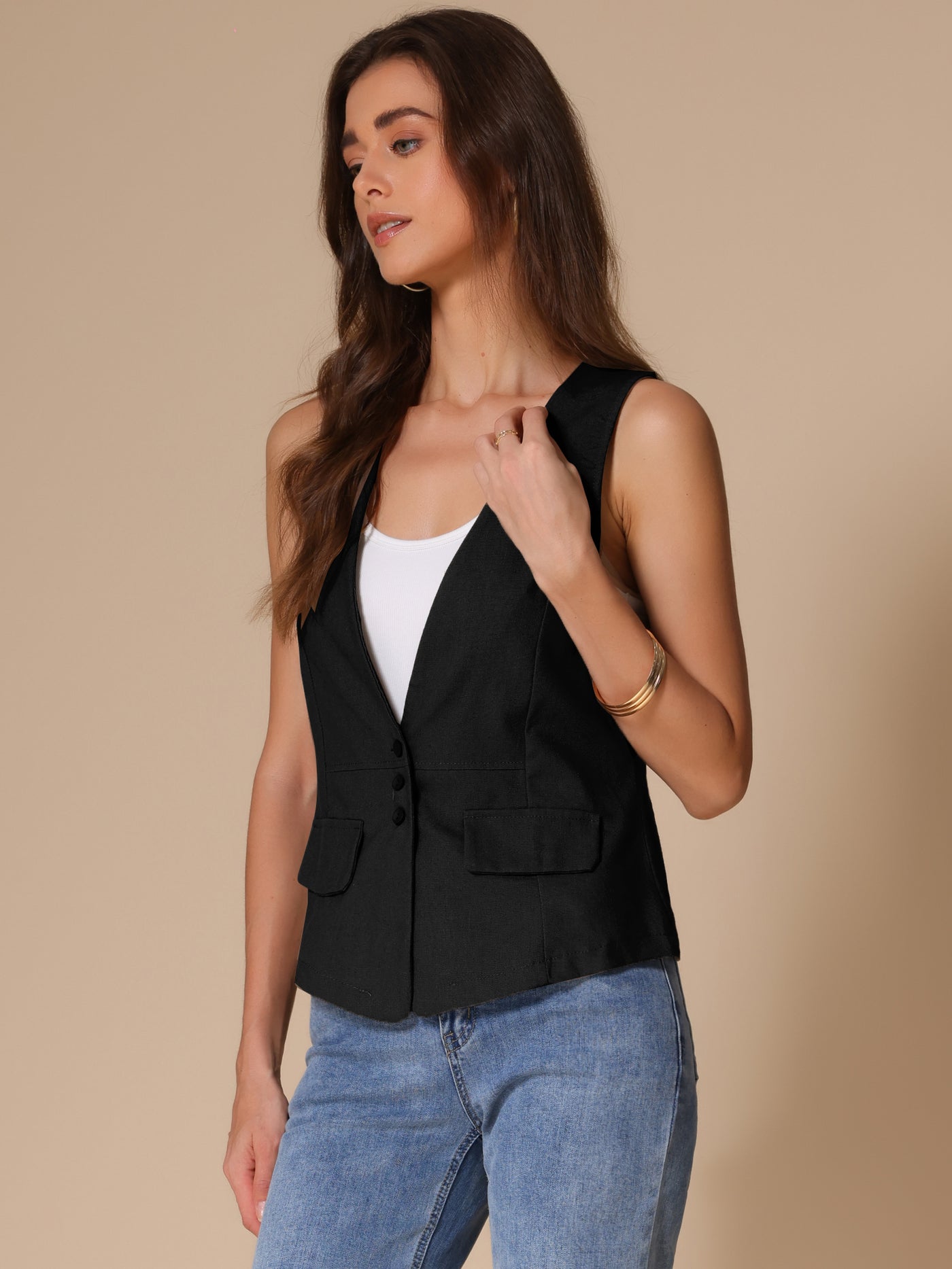 Allegra K Sleeveless Lightweight Waistcoat Linen Vest