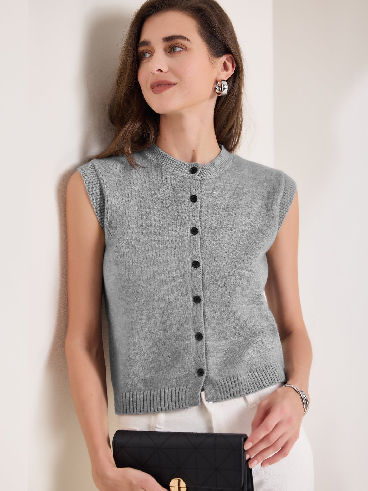 Allegra K Sleeveless Crew Neck Button Down Knitted Sweater Vest