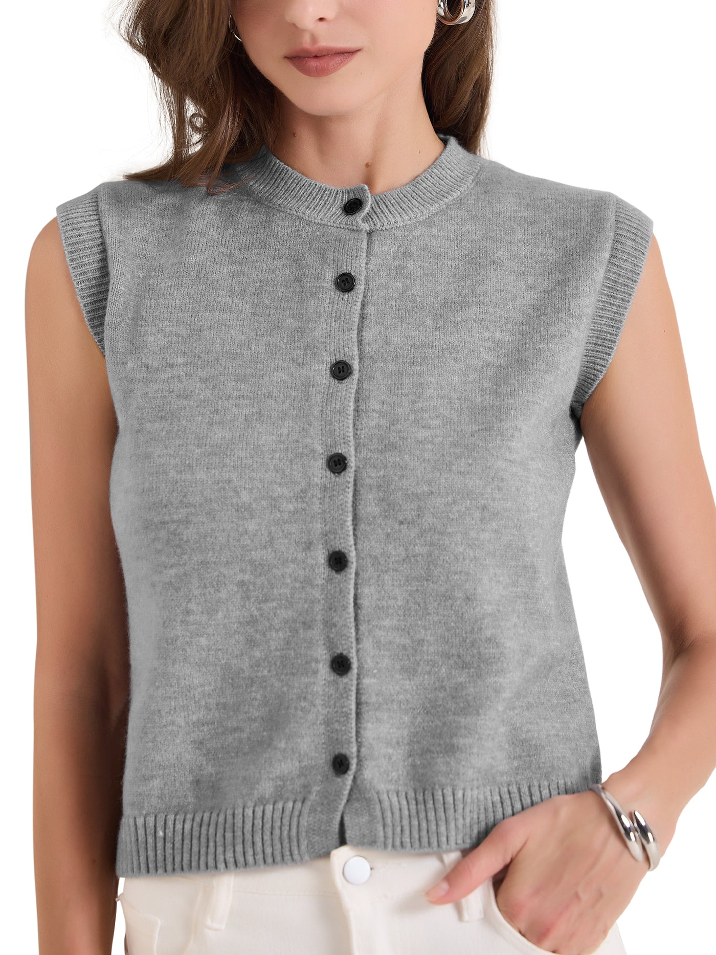 Allegra K Sleeveless Crew Neck Button Down Knitted Sweater Vest