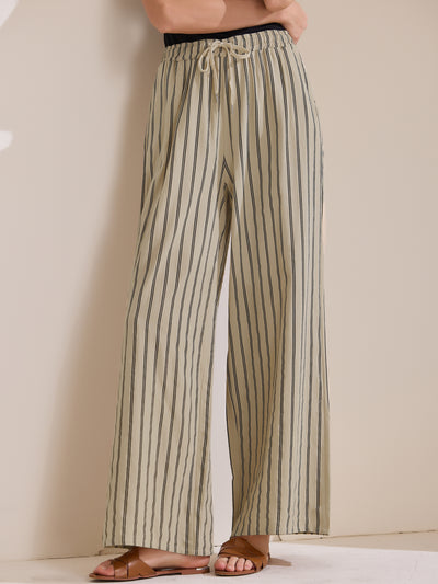 Casual Drawstring Striped Wide Leg High Waist Cotton Pants