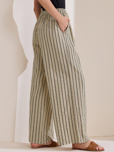 Casual Drawstring Striped Wide Leg High Waist Cotton Pants