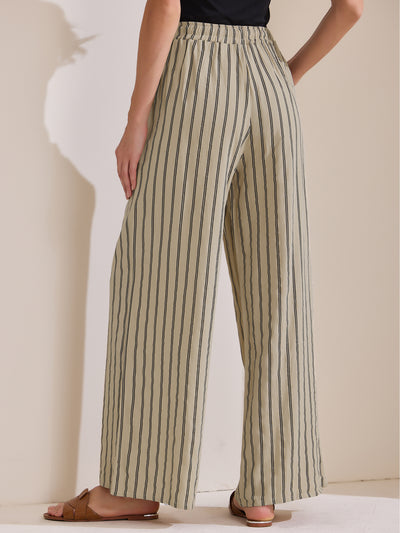 Casual Drawstring Striped Wide Leg High Waist Cotton Pants