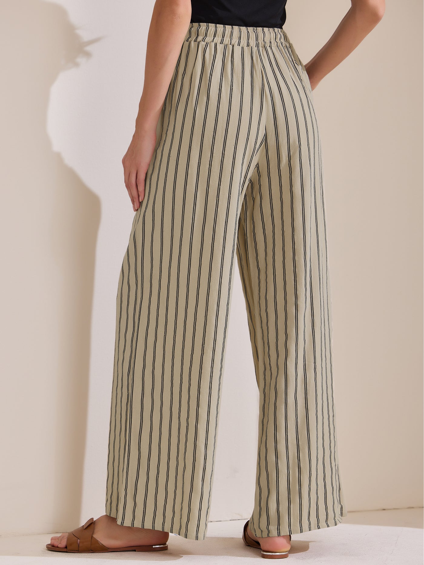 Allegra K Casual Drawstring Striped Wide Leg High Waist Cotton Pants